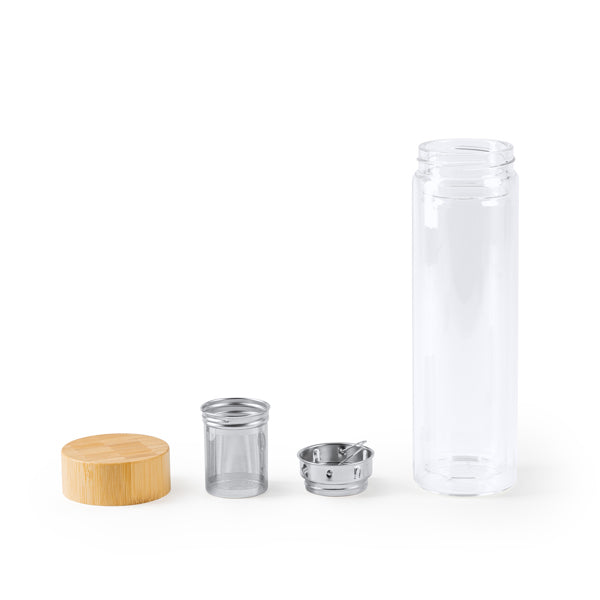 Bidón de cristal con tapa de bambú e infusor de té