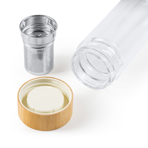 Bidón de cristal con tapa de bambú e infusor de té