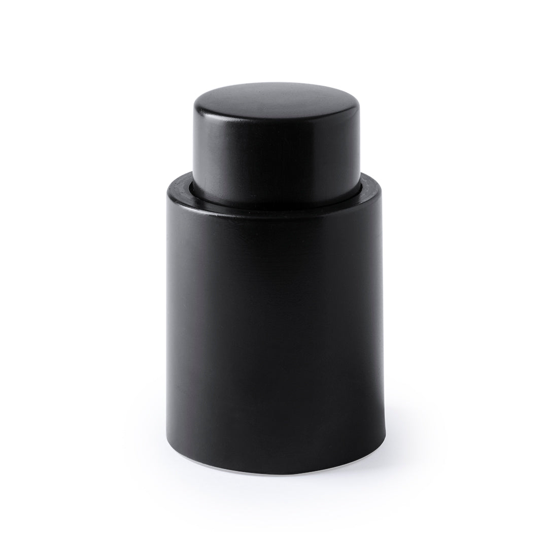 Tapón con bomba de vacío para botellas de vino en elegante diseño de color negro.
