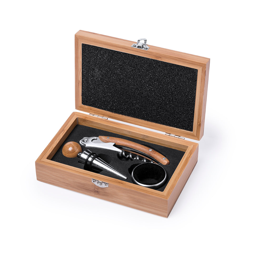 Set de vinos acabado en madera bambú.