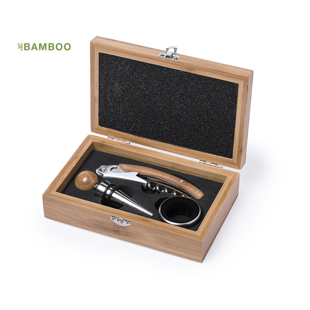 Set de vinos acabado en madera bambú.
