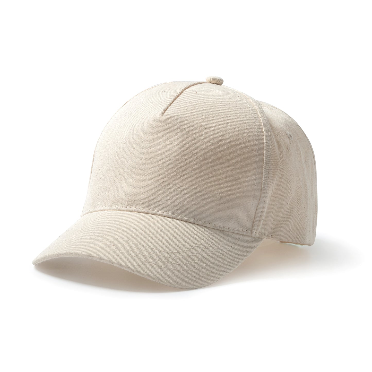 Gorra de 5 paneles 100% algodón orgánico. Cierre de velcro ajustable y orificios de ventilación.