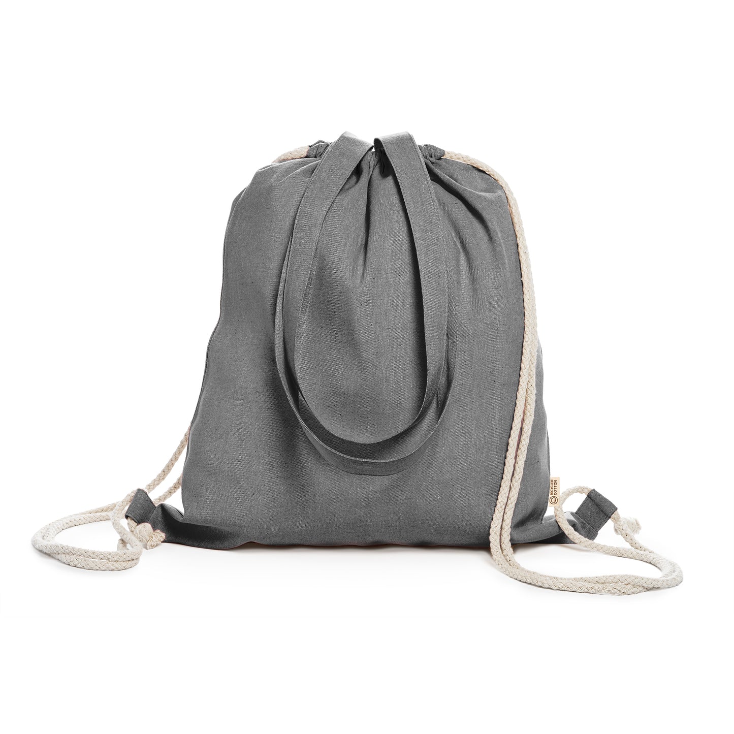 Bolsa mochila de cordones en algodón reciclado de 140 g/m² en acabado jaspeado.