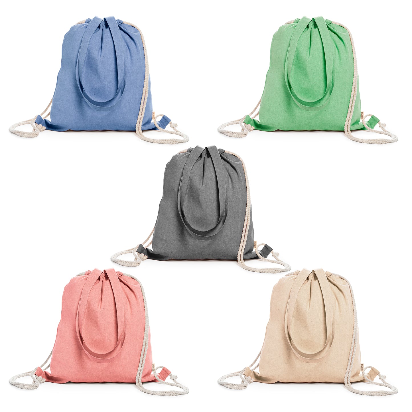 Bolsa mochila de cordones en algodón reciclado de 140 g/m² en acabado jaspeado.