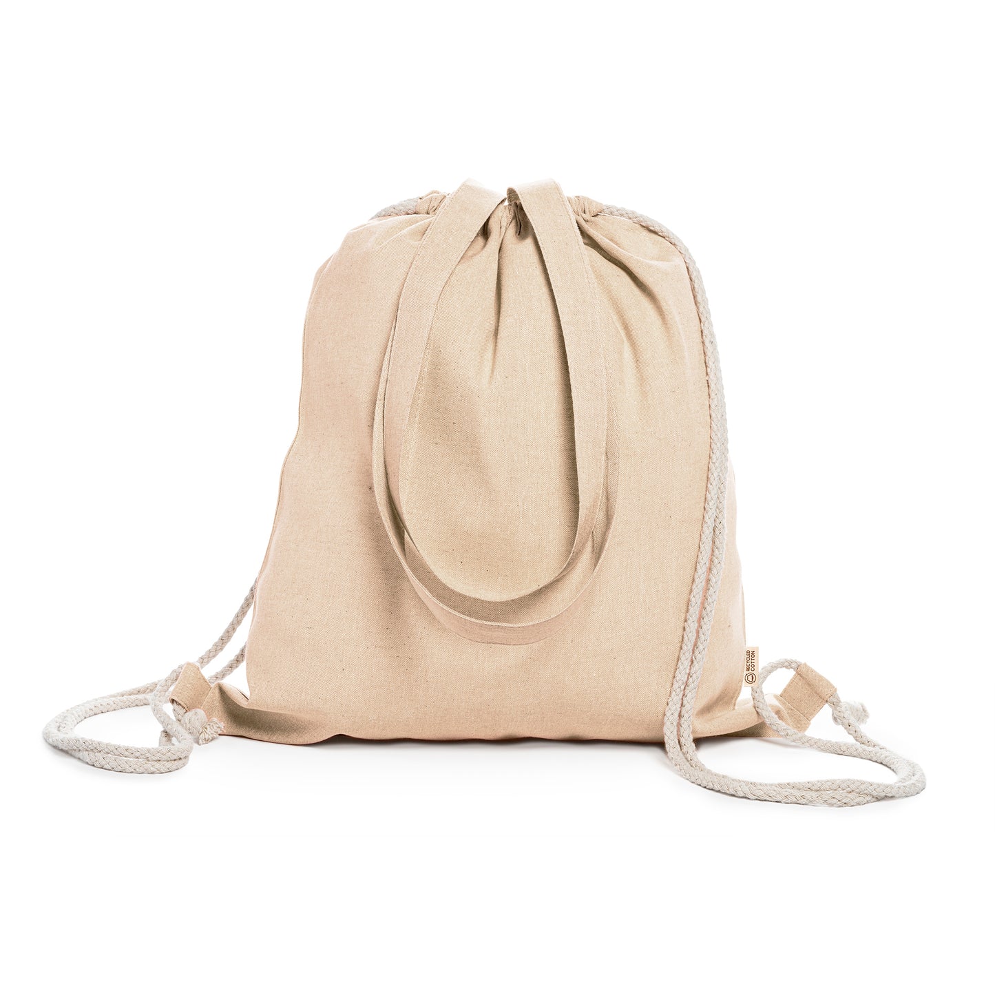 Bolsa mochila de cordones en algodón reciclado de 140 g/m² en acabado jaspeado.