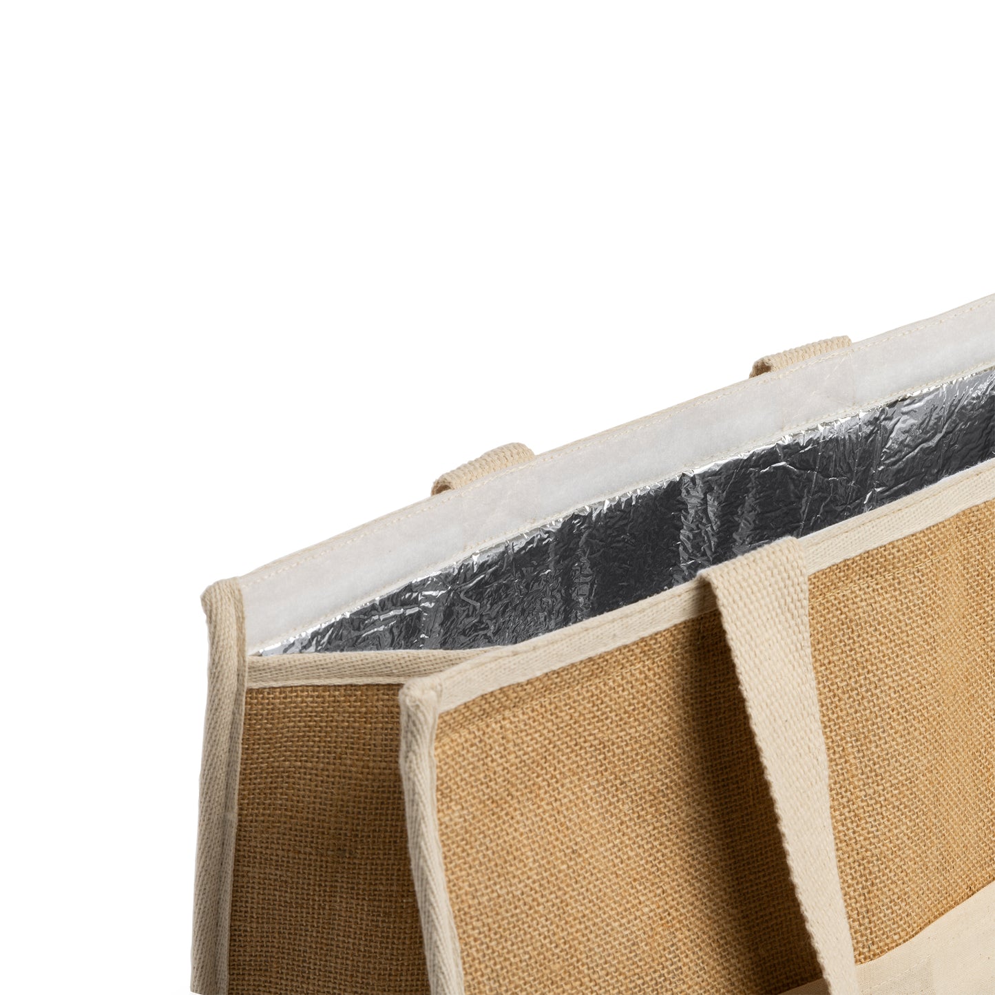Bolsa nevera de yute laminado. Interior isotérmico de aluminio con cierre de velcro.