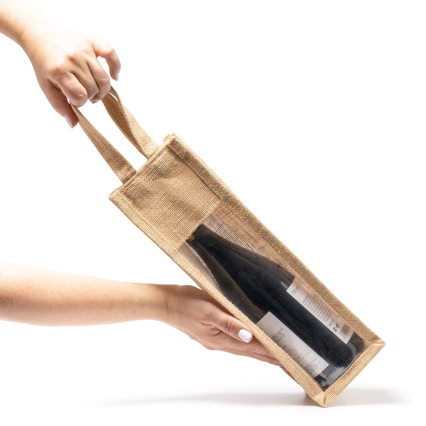 Bolsa de yute laminado con ventana. Asas reforzadas. Ideal para transportar botellas.