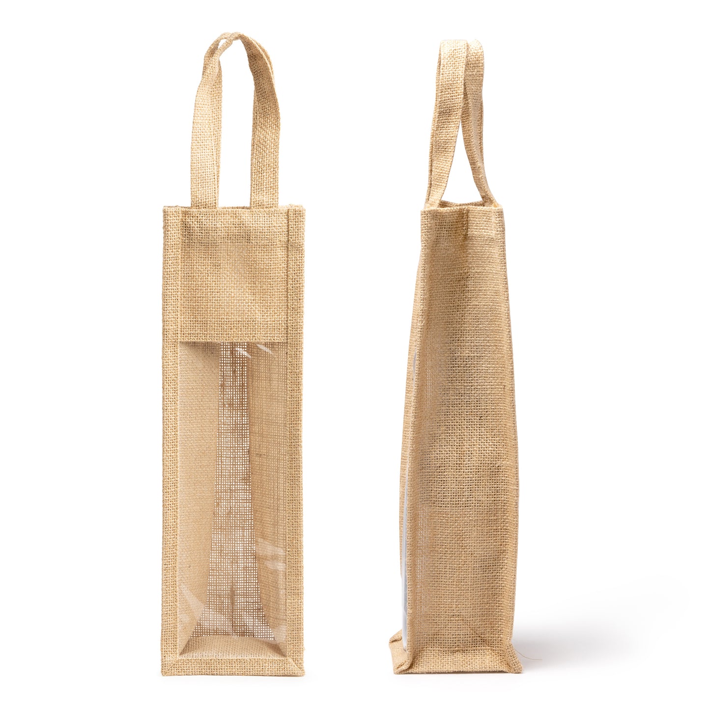 Bolsa de yute laminado con ventana. Asas reforzadas. Ideal para transportar botellas.