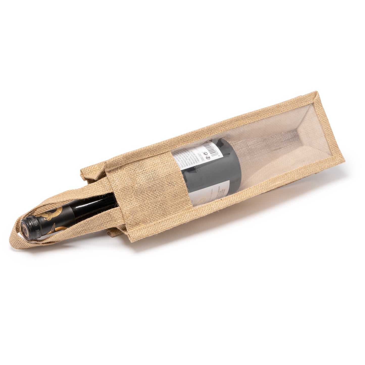 Bolsa de yute laminado con ventana. Asas reforzadas. Ideal para transportar botellas.
