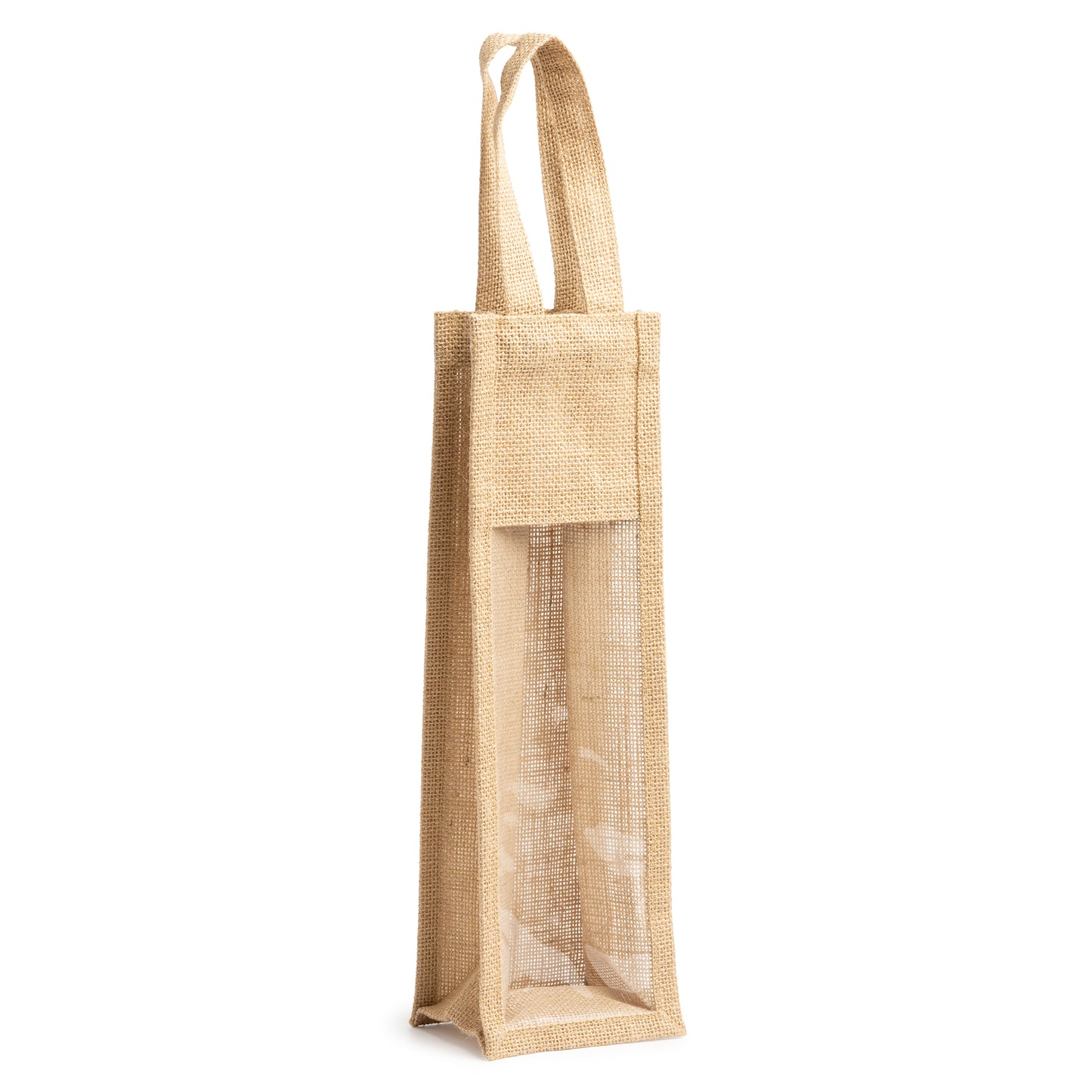 Bolsa de yute laminado con ventana. Asas reforzadas. Ideal para transportar botellas.