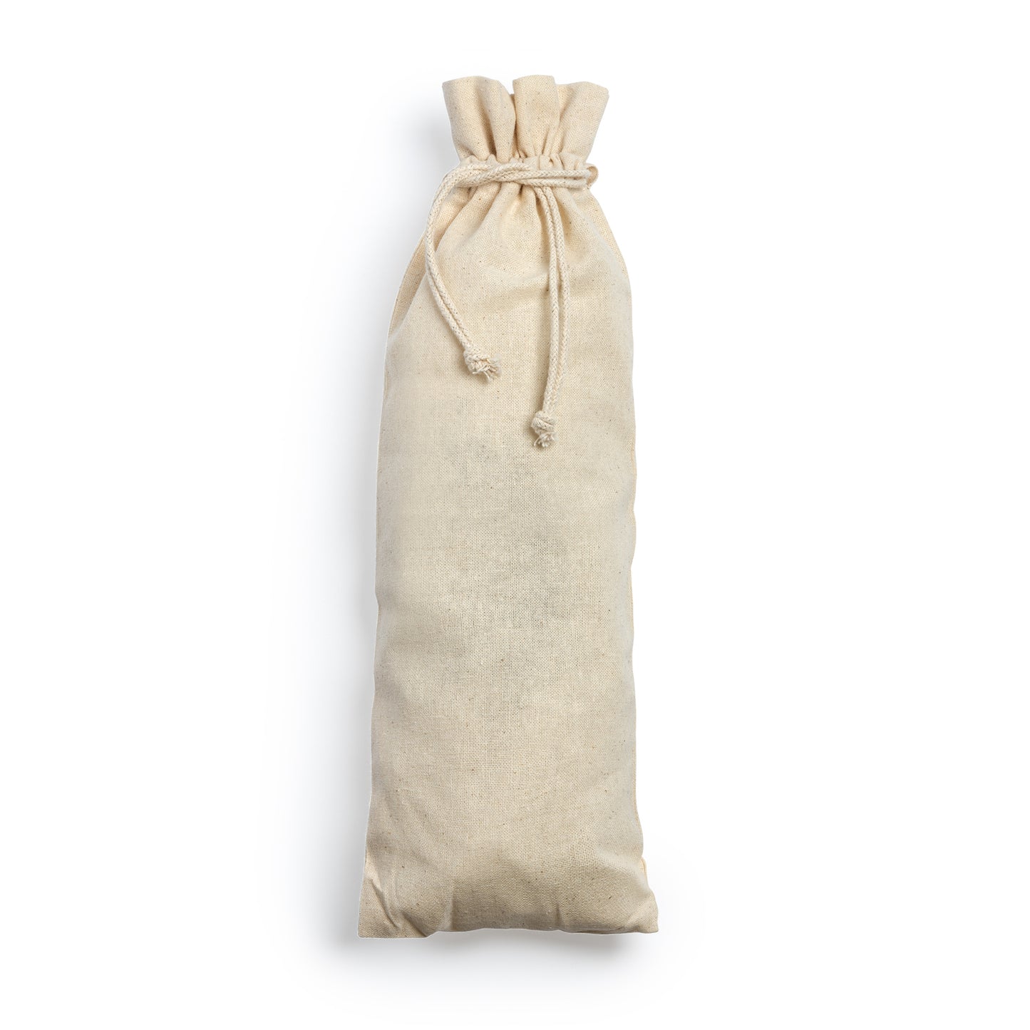 Bolsa realizada en algodón de 120 g/m². Auto-cierre de cordones. Ideal para presentar botellas y termos