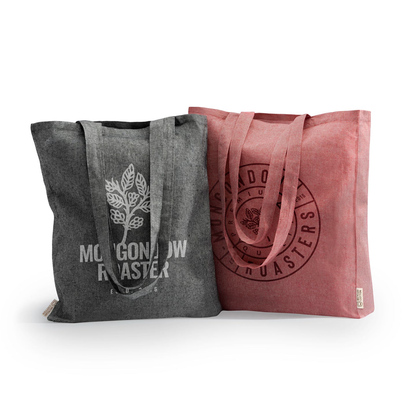 Bolsa realizada en algodón reciclado de 140 g/m² en acabado jaspeado con asas largas de 70 cm
