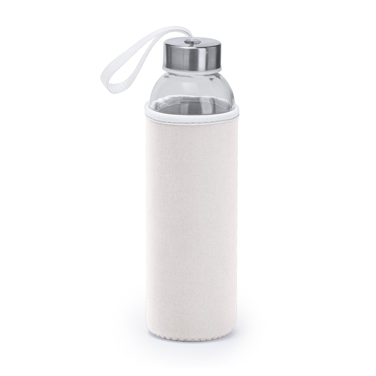 Bidón de cristal de 450 ml con un distinguido tapón de bambú, y cinta de transporte en acabado natural