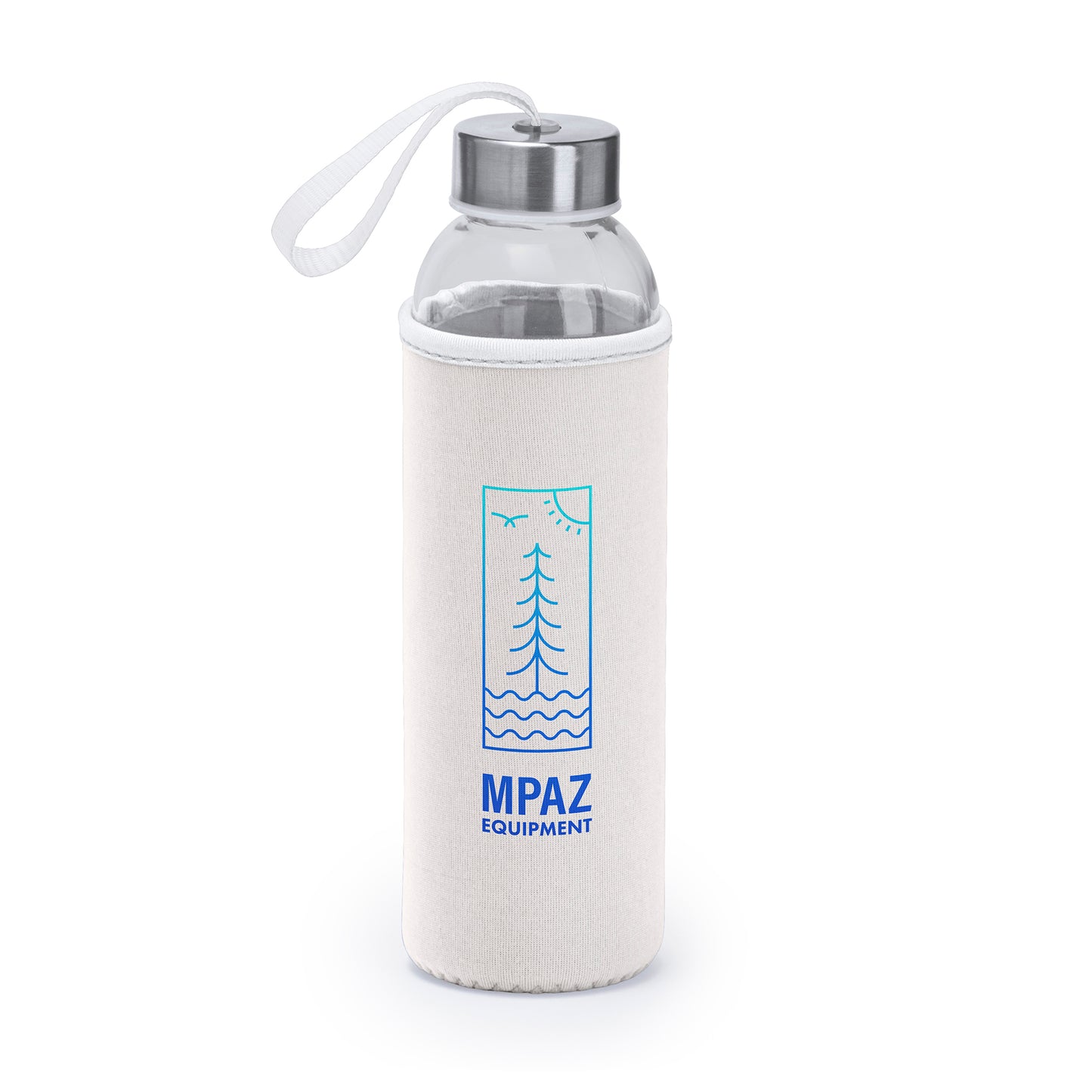 Bidón de cristal de 450 ml con un distinguido tapón de bambú, y cinta de transporte en acabado natural