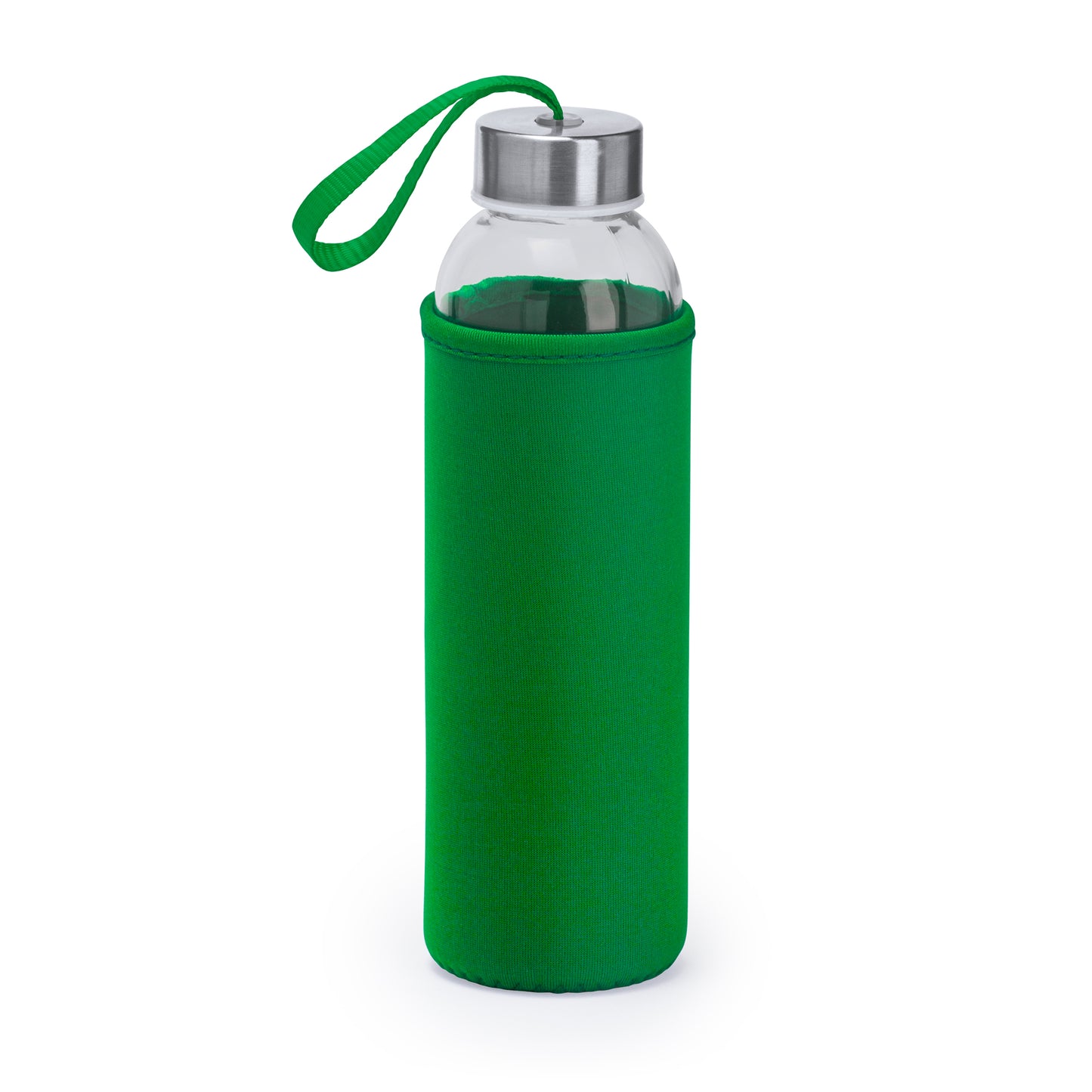 Bidón de cristal de 450 ml con un distinguido tapón de bambú, y cinta de transporte en acabado natural
