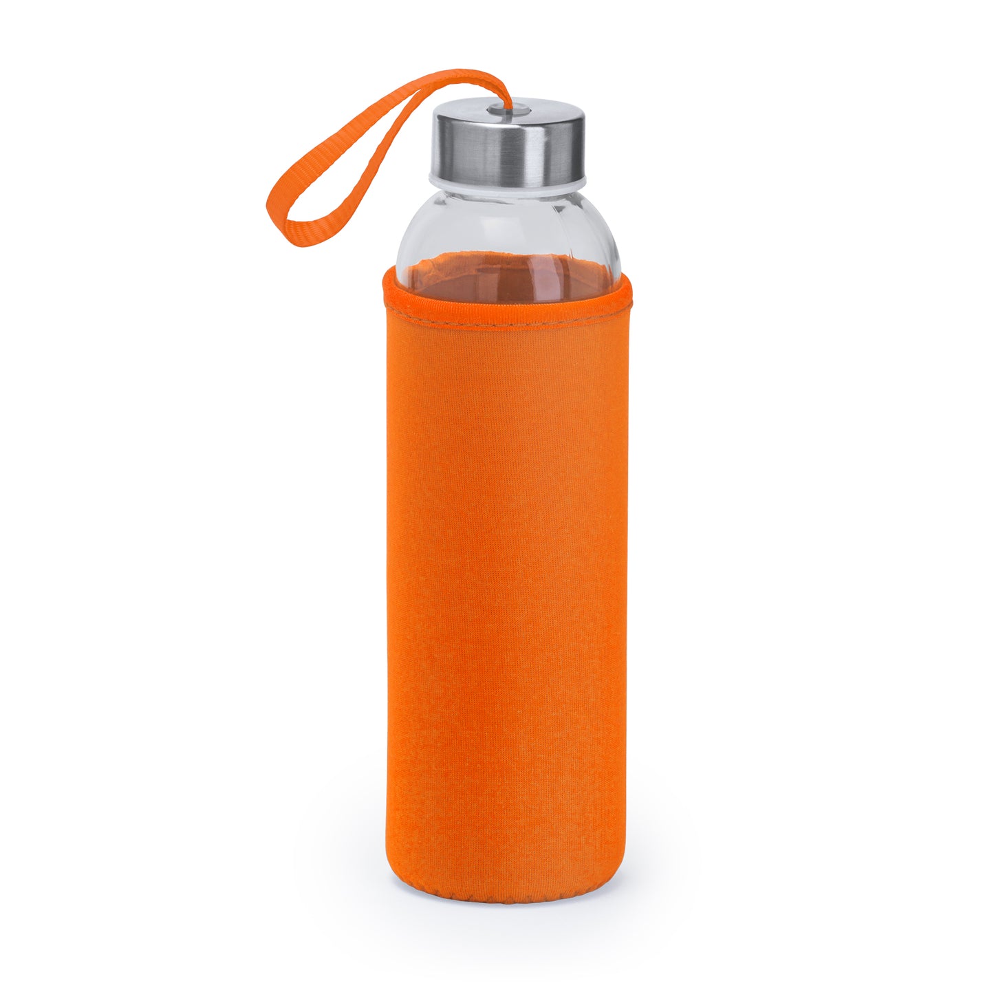 Bidón de cristal de 450 ml con un distinguido tapón de bambú, y cinta de transporte en acabado natural