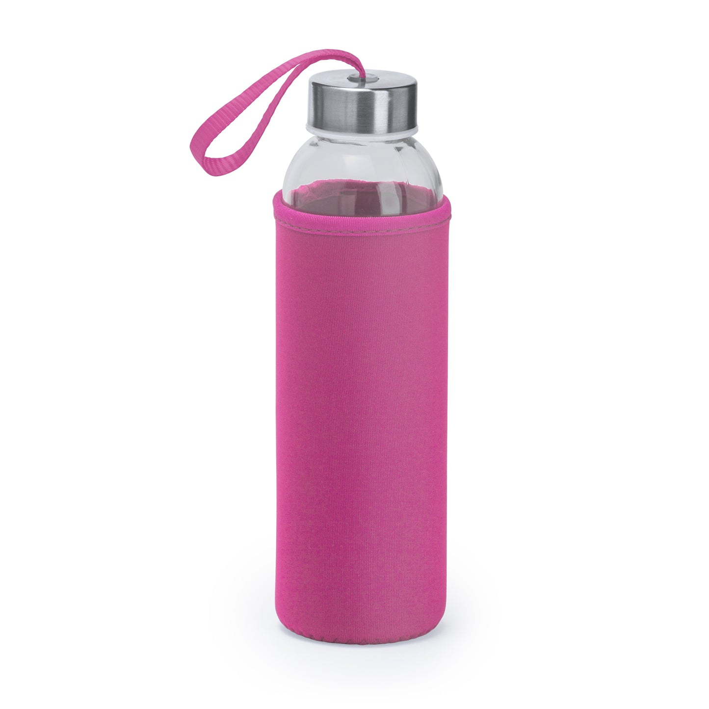 Bidón de cristal de 450 ml con un distinguido tapón de bambú, y cinta de transporte en acabado natural