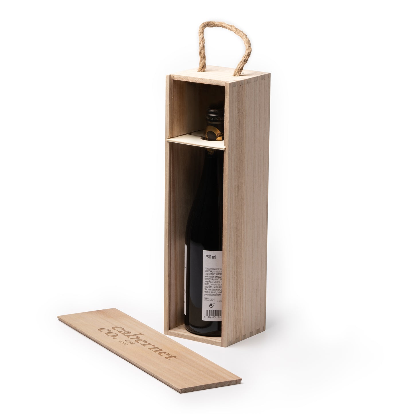 Caja de madera con asa es el complemento perfecto para transportar una botella de vino.