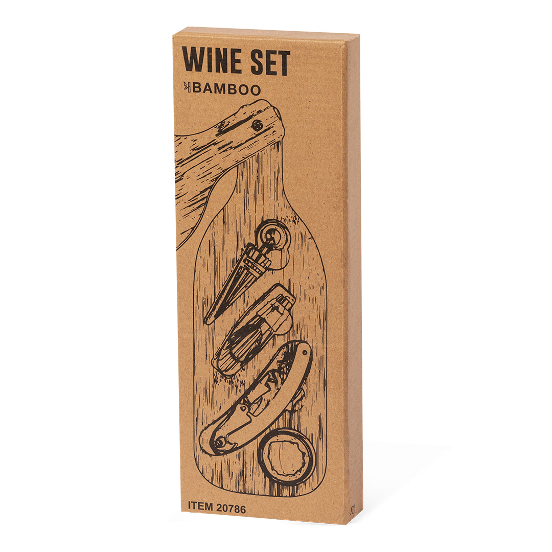 Set de vinos presentado en un diseño inspirado en botella de vino y tallado en bambú