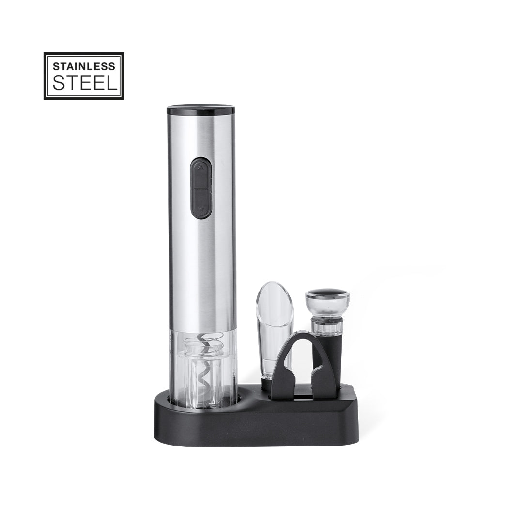 Práctico set de vinos con 4 accesorios.