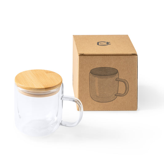 Taza de doble pared realizada en cristal borosilicato con tapa de bambú. Capacidad de 280 ml.