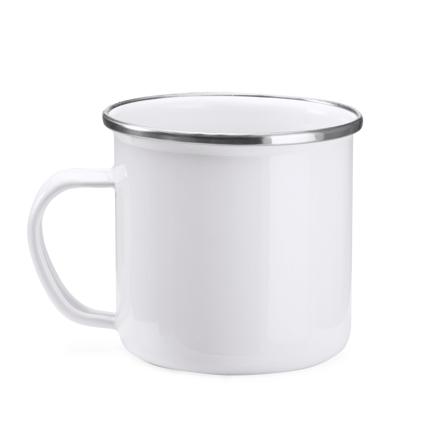 Fantástica taza metálica esmaltada con borde plateado, con capacidad de 380 ml
