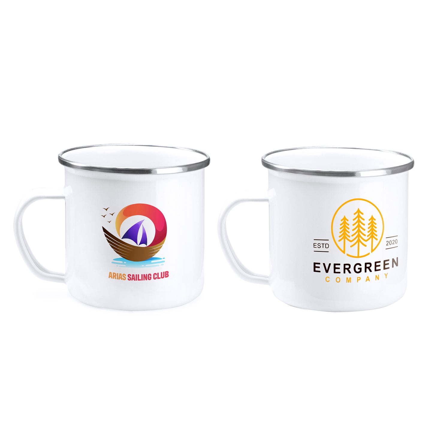 Fantástica taza metálica esmaltada con borde plateado, con capacidad de 380 ml
