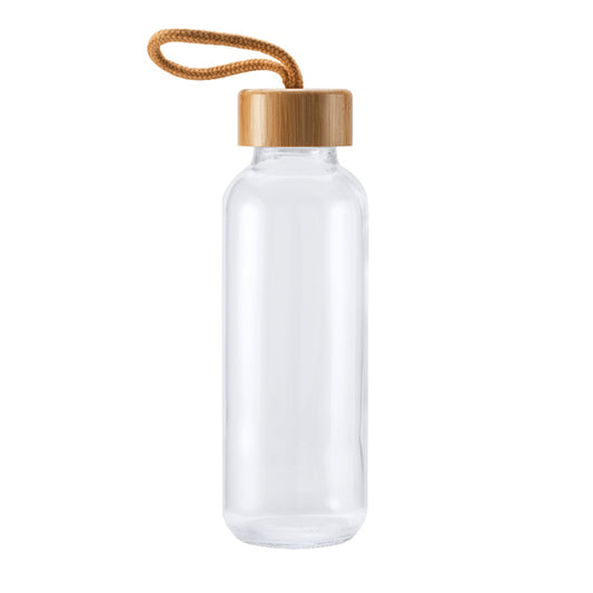 Bidón de cristal de 450 ml con tapón de bambú y cinta de transporte