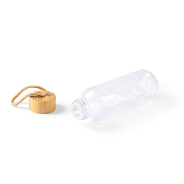 Bidón de cristal de 450 ml con tapón de bambú y cinta de transporte