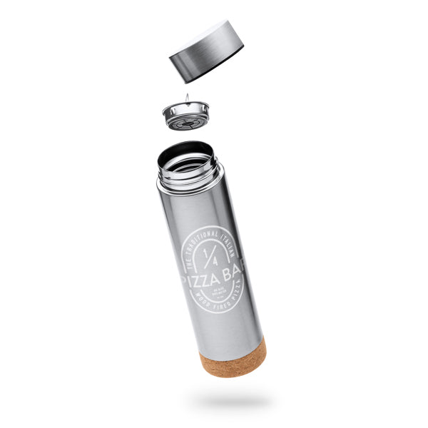 Termo de acero con infusor de té y base de corcho