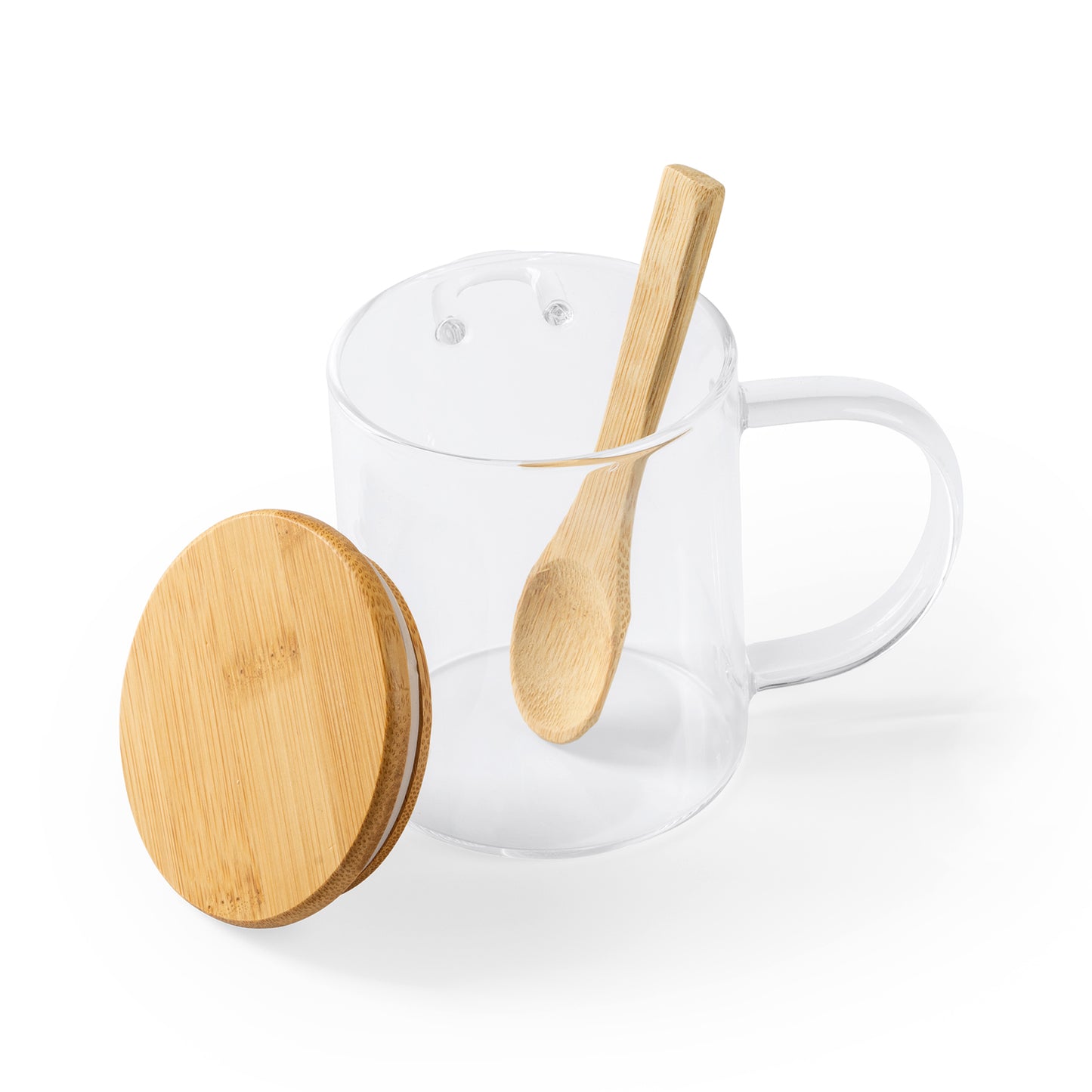 Fantástica taza de cristal borosilicato con tapa y cuchara de bambú a juego. Capacidad de 420 ml.