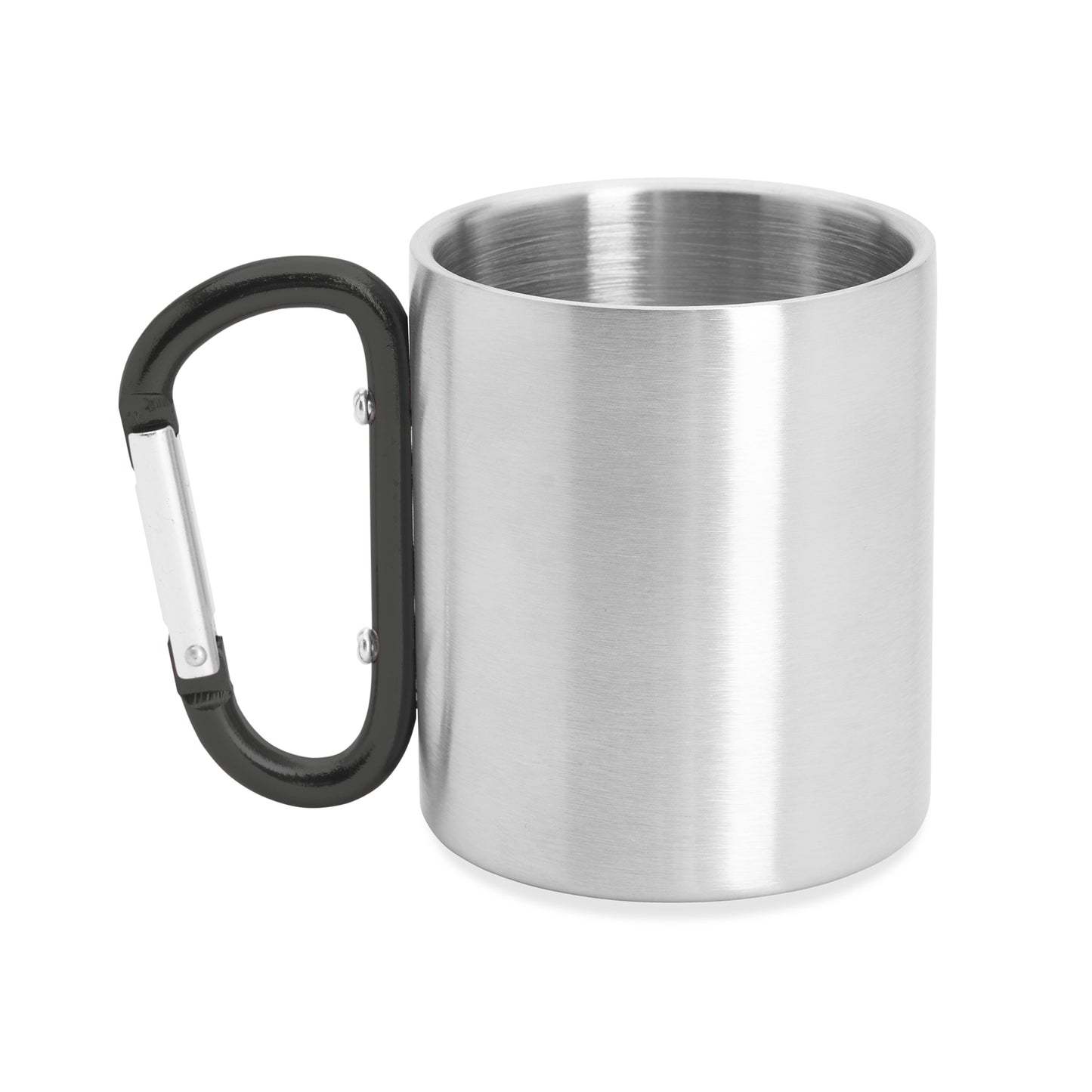 Taza metálica de doble pared con asa mosquetón ideal para transportar. Con capacidad 230 ml