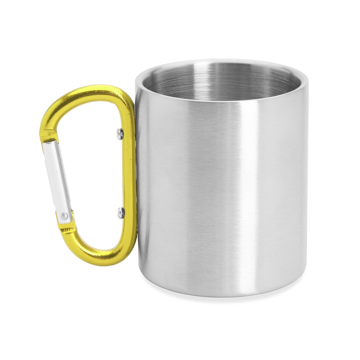 Taza metálica de doble pared con asa mosquetón ideal para transportar. Con capacidad 230 ml