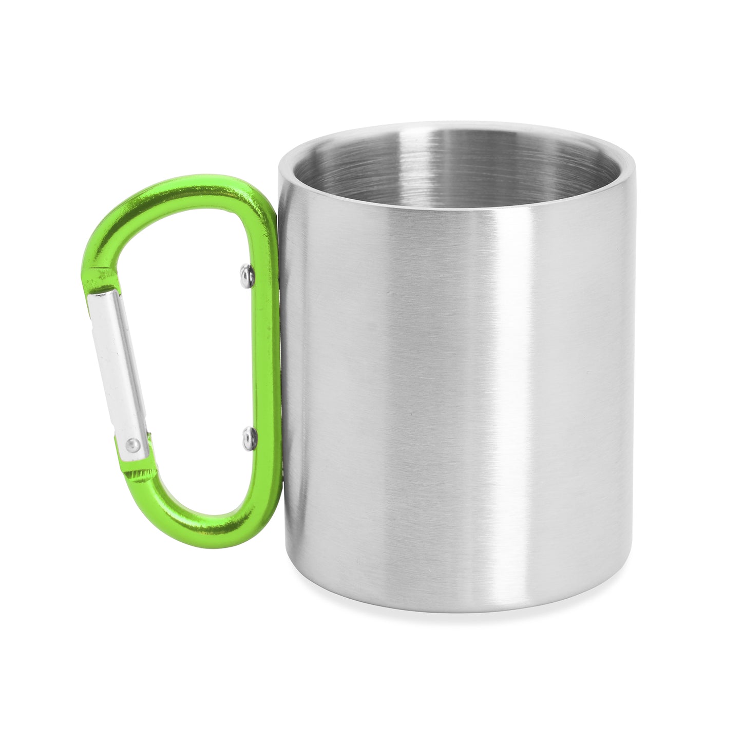 Taza metálica de doble pared con asa mosquetón ideal para transportar. Con capacidad 230 ml