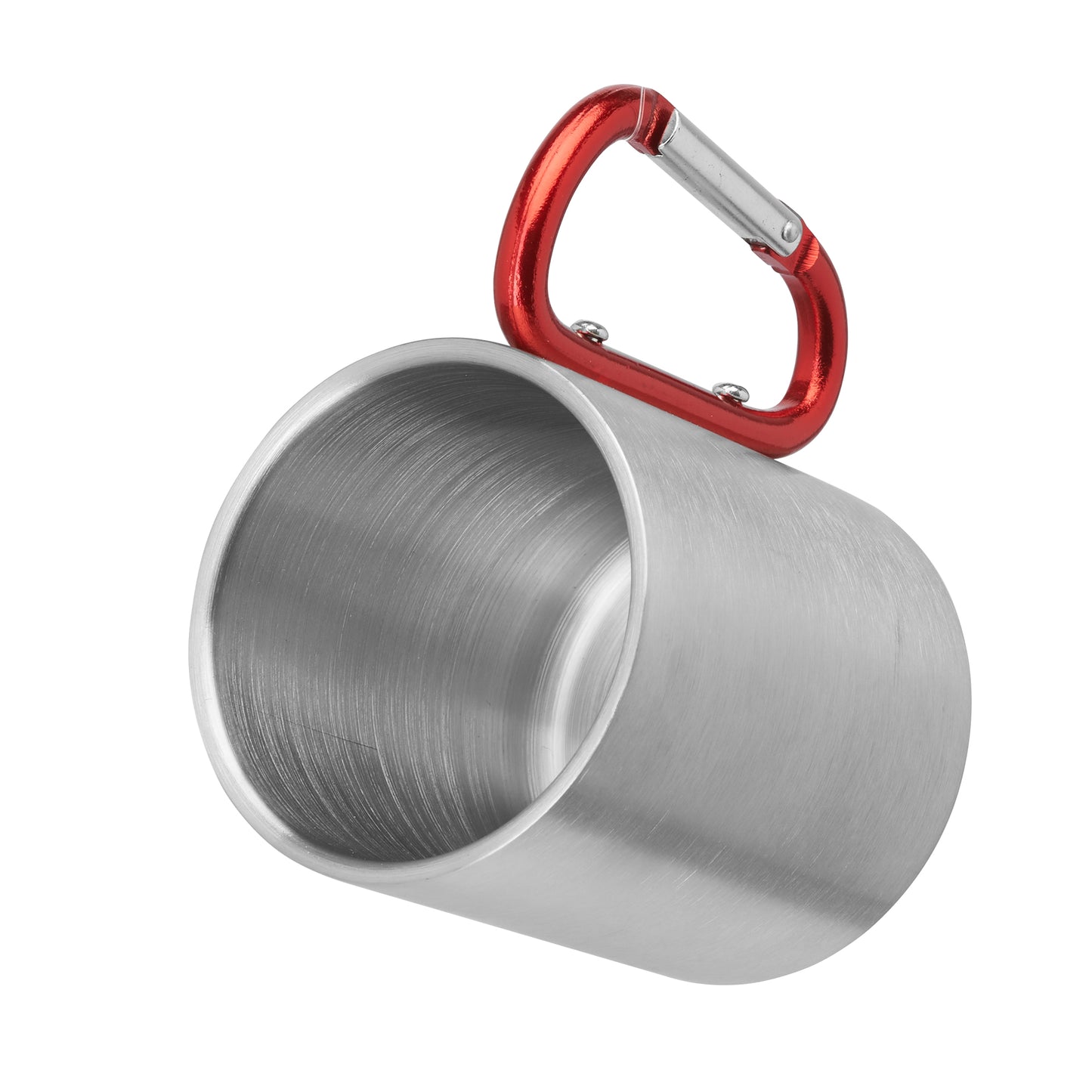Taza metálica de doble pared con asa mosquetón ideal para transportar. Con capacidad 230 ml