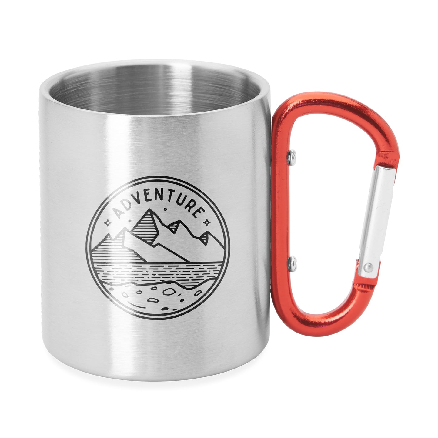 Taza metálica de doble pared con asa mosquetón ideal para transportar. Con capacidad 230 ml