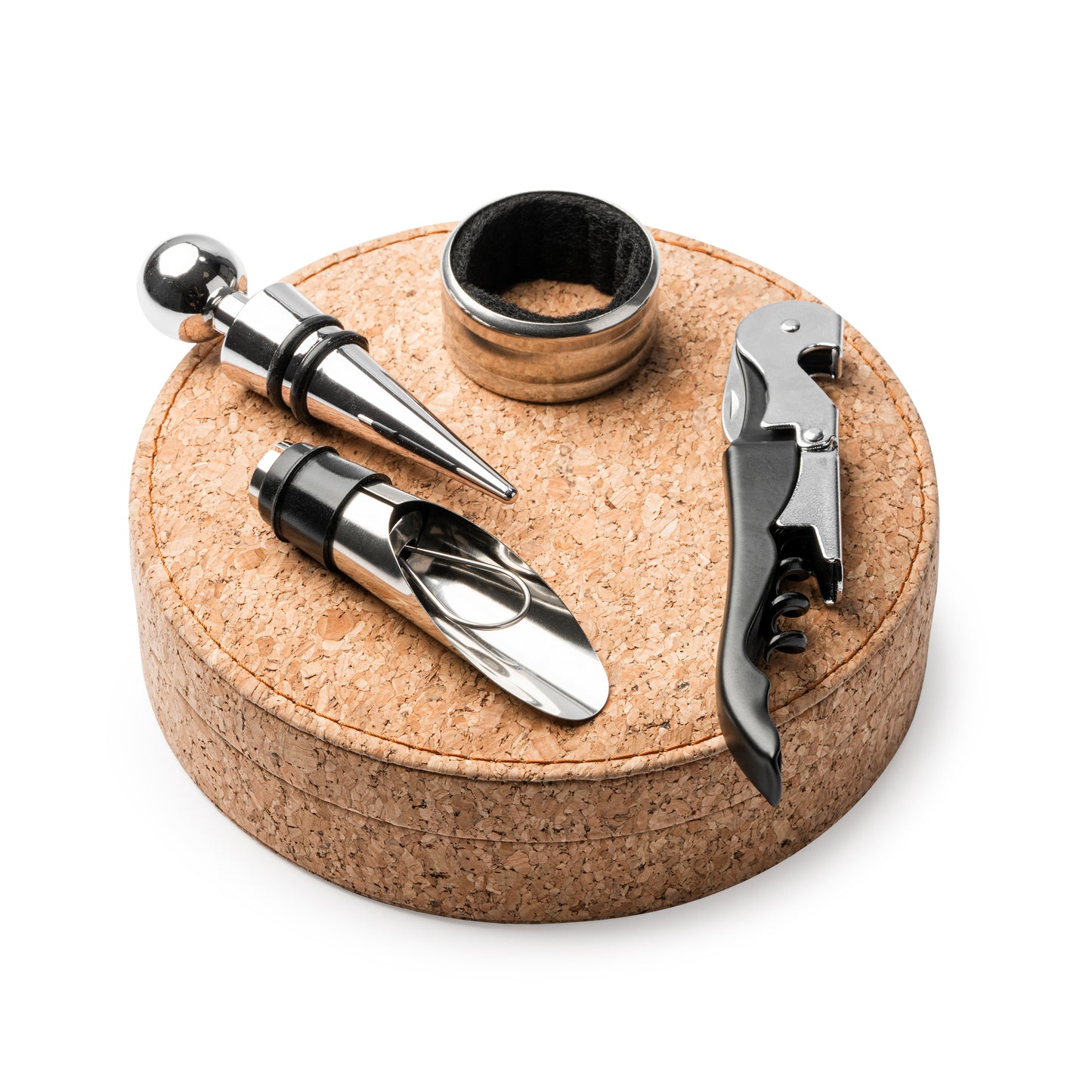 Set de vino con accesorios en acero inoxidable, sacacorchos de 2 tiempos con cortacápsulas, recogegotas, dosificador y tapón.
