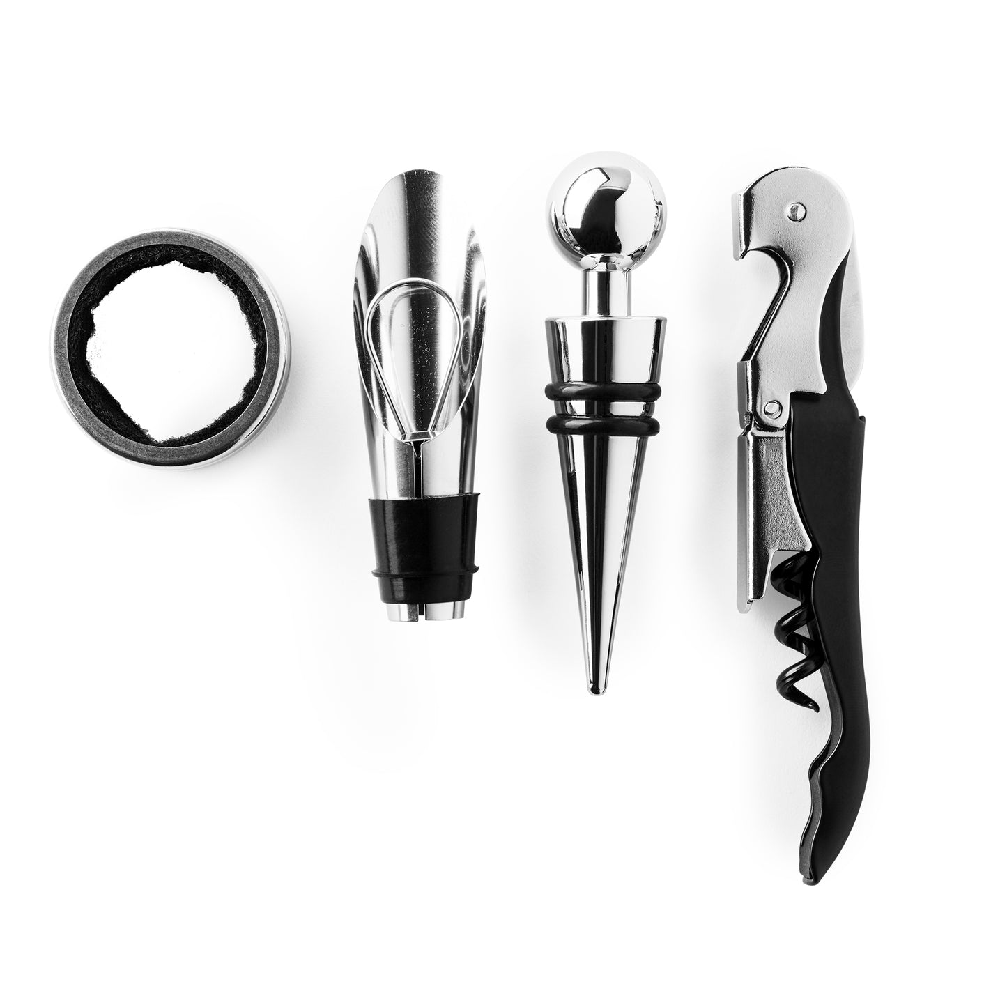 Set de vino con accesorios en acero inoxidable, sacacorchos de 2 tiempos con cortacápsulas, recogegotas, dosificador y tapón.
