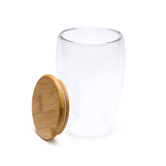 Vaso de doble pared realizado en cristal borosilicato con tapa de bambú. Capacidad 350 ml.