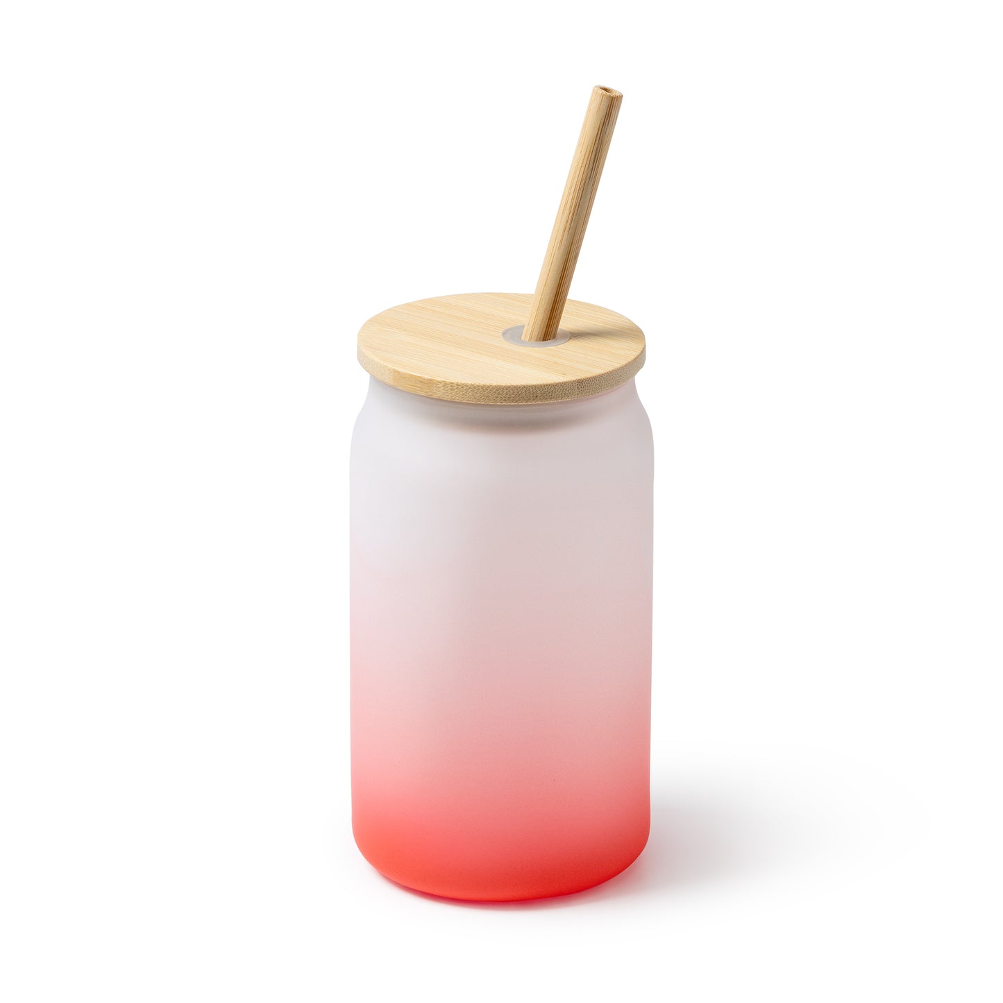 Vaso de cristal borosilicato efecto hielo degradado a color. Tapa y pajita de bambú. Capacidad 350 ml.