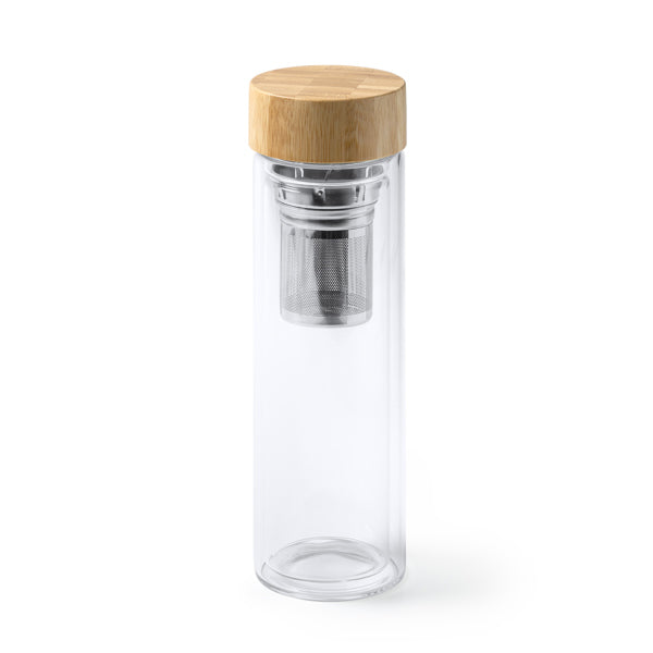 Bidón de cristal con tapa de bambú e infusor de té