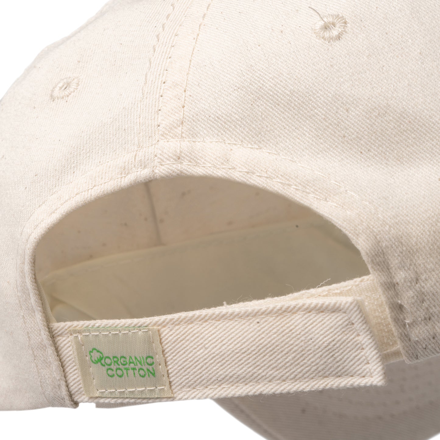Gorra de 5 paneles 100% algodón orgánico. Cierre de velcro ajustable y orificios de ventilación.