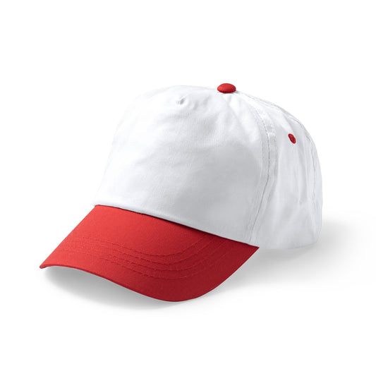 Gorra de 5 paneles 100% algodón. Cierre ajustable de velcro y orificios de ventilación.