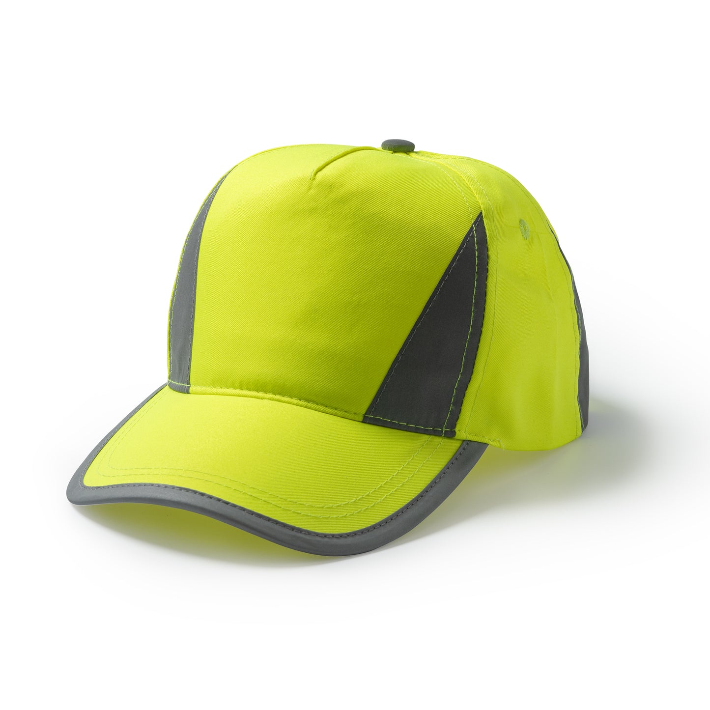 Gorra de 5 paneles 100% poliéster con detalles reflectantes.