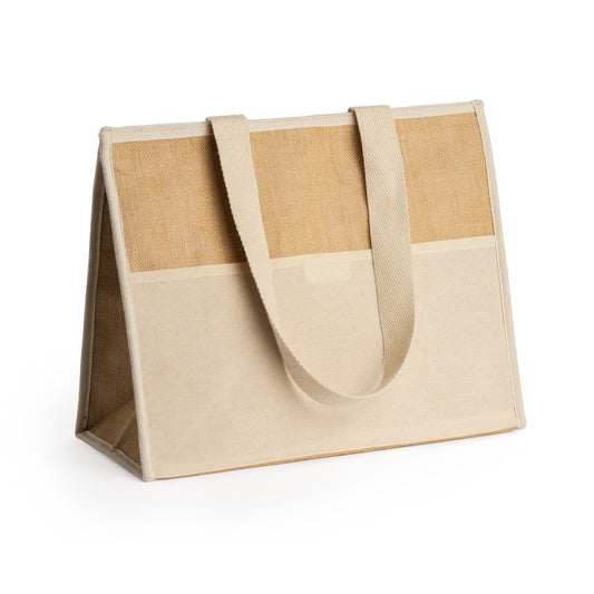 Bolsa nevera de yute laminado. Interior isotérmico de aluminio con cierre de velcro.