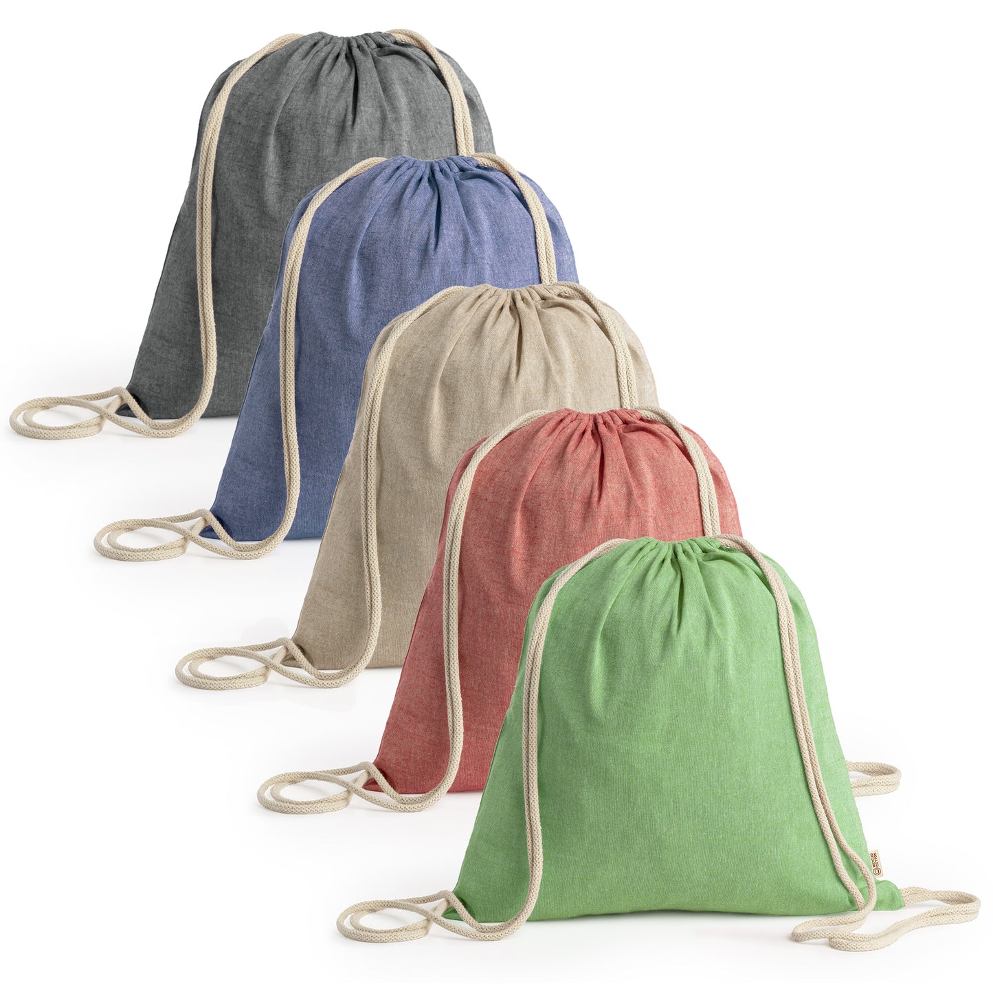 Mochila de cordones en algodón reciclado de 120 g/m² con acabado jaspeado.
