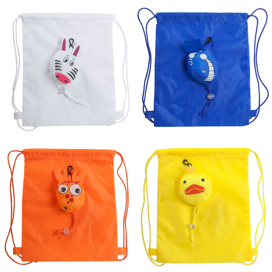 Mochila plegable infantil realizada en suave poliéster 190T. Bolsillo para plegado con diseños de animales.