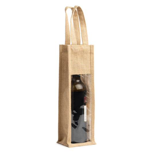 Bolsa de yute laminado con ventana. Asas reforzadas. Ideal para transportar botellas.
