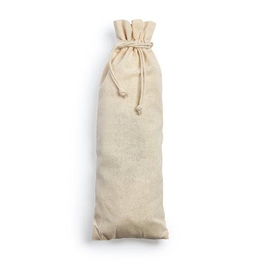 Bolsa realizada en algodón de 120 g/m². Auto-cierre de cordones. Ideal para presentar botellas y termos