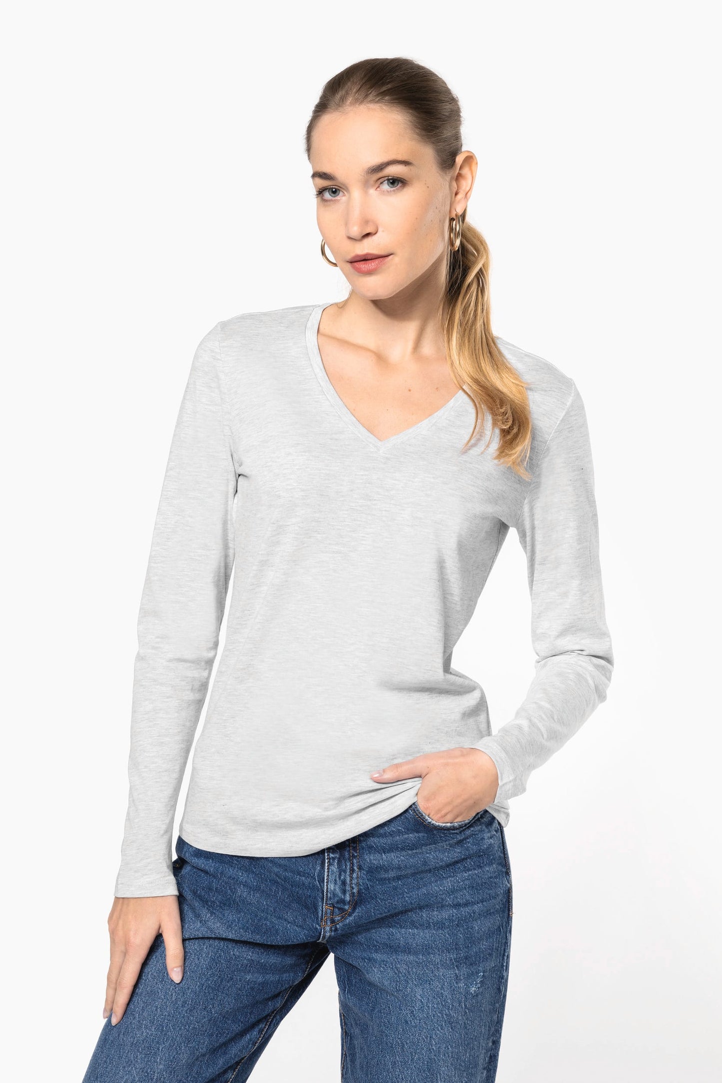 Camiseta de manga larga y cuello de pico mujer Kariban K382